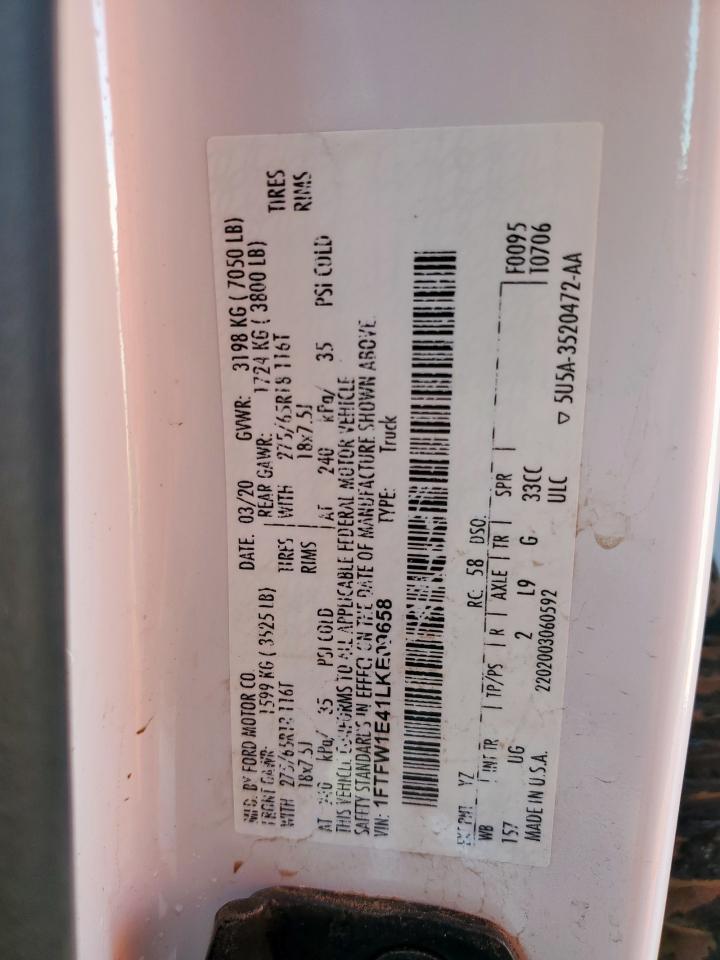 2020 Ford F150 Supercrew VIN: 1FTFW1E41LKE09658 Lot: 53878585