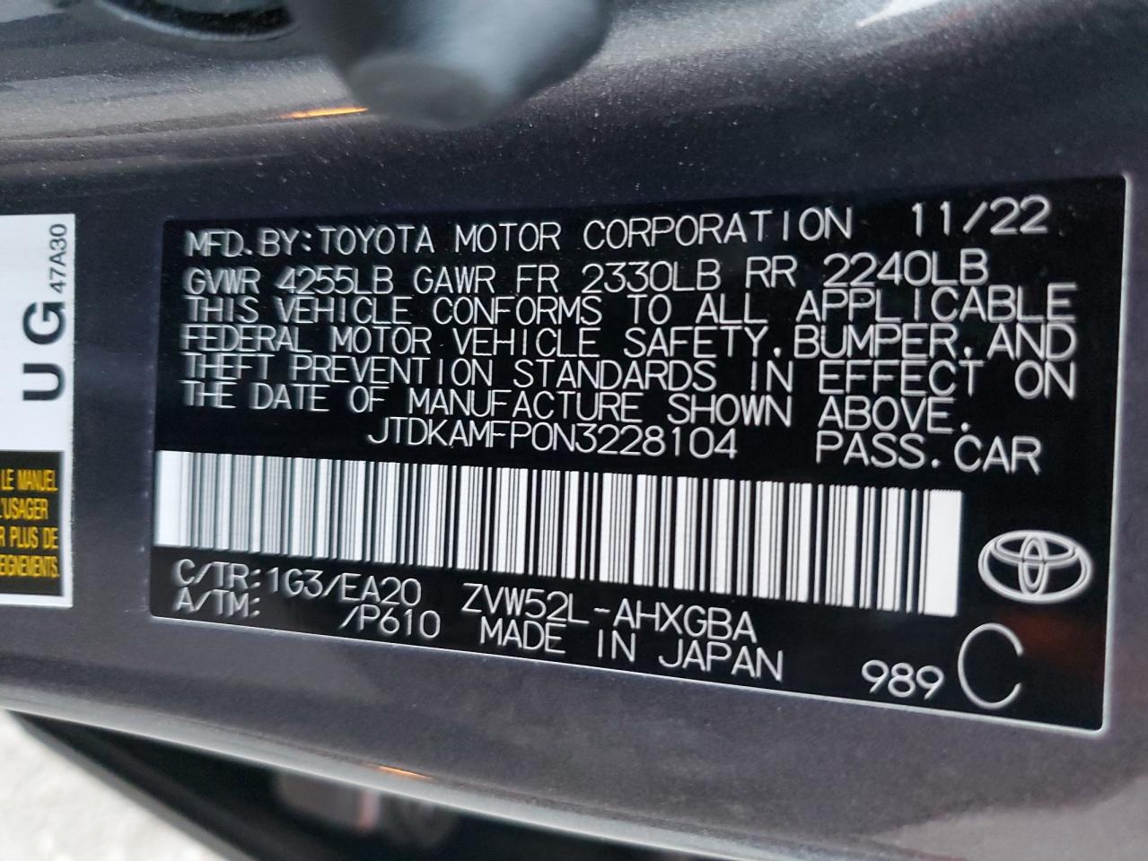 2022 Toyota Prius Prime Le VIN: JTDKAMFP0N3228104 Lot: 53857565