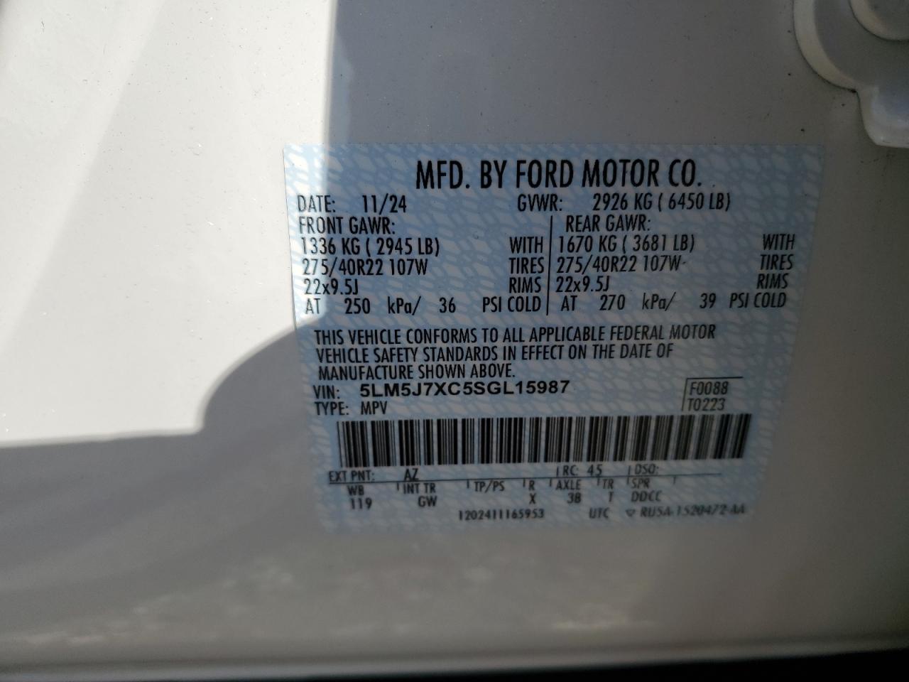 2025 Lincoln Aviator Reserve VIN: 5LM5J7XC5SGL15987 Lot: 54924195