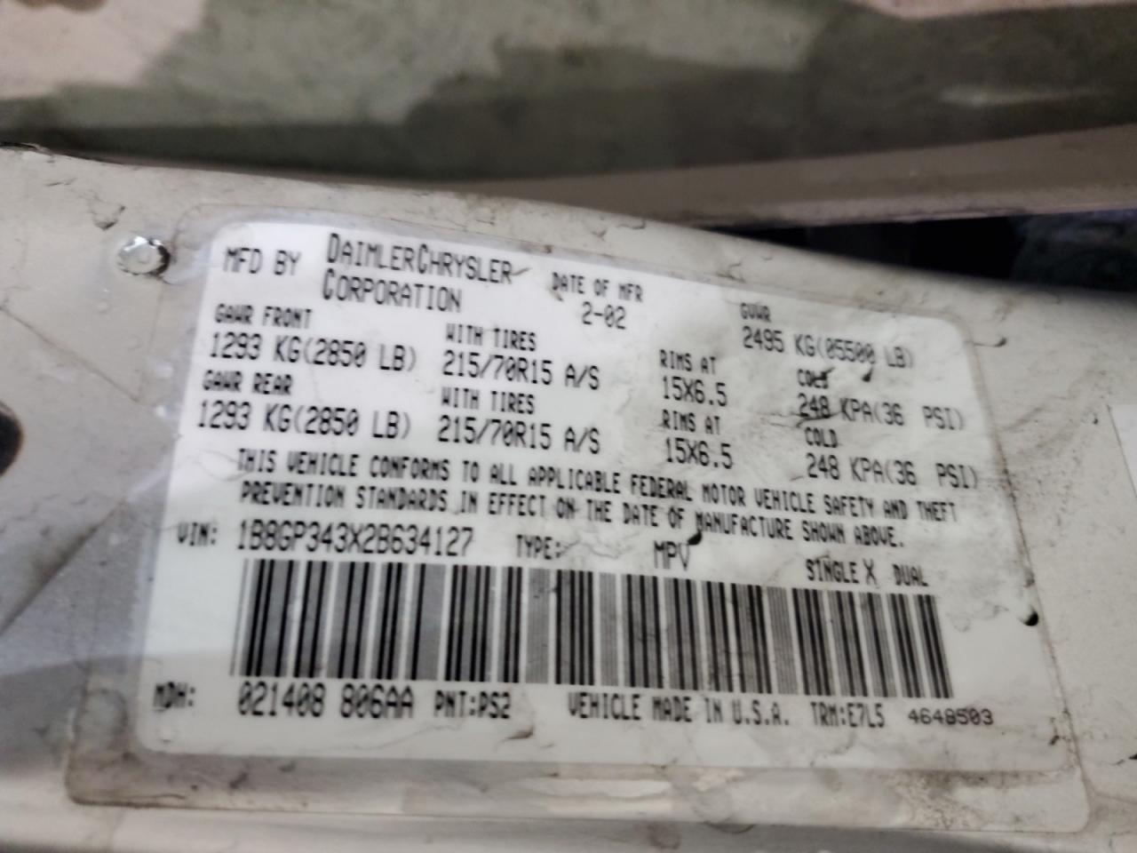 2002 Dodge Grand Caravan El VIN: 1B8GP343X2B634127 Lot: 51257355