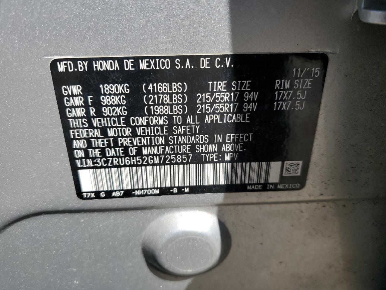 2016 Honda Hr-V Ex VIN: 3CZRU6H52GM725857 Lot: 55045235