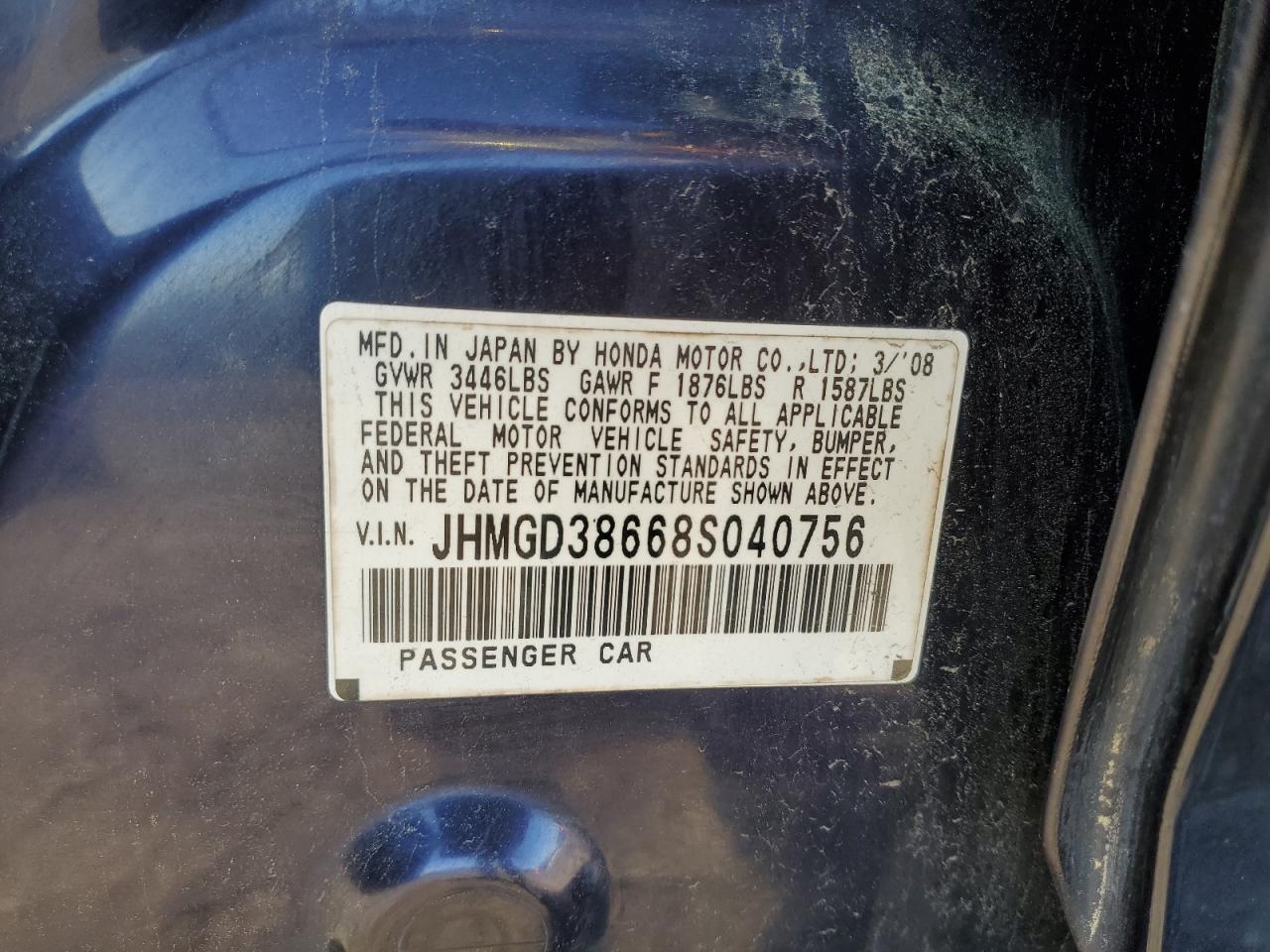 2008 Honda Fit Sport VIN: JHMGD38668S040756 Lot: 54713735