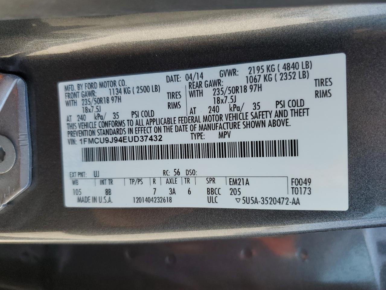 2014 Ford Escape Titanium VIN: 1FMCU9J94EUD37432 Lot: 52578965