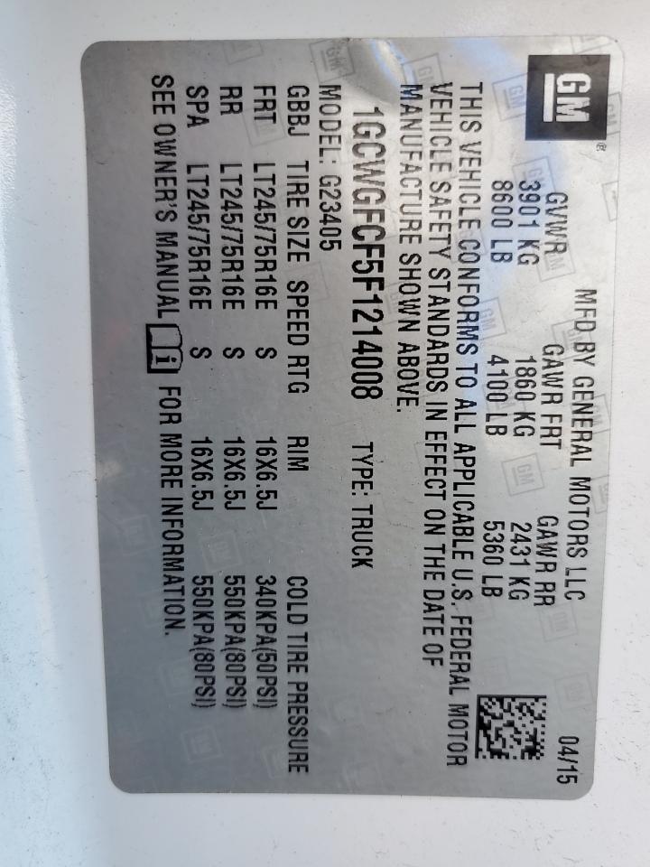 2015 Chevrolet Express G2500 VIN: 1GCWGFCF5F1214008 Lot: 54087695