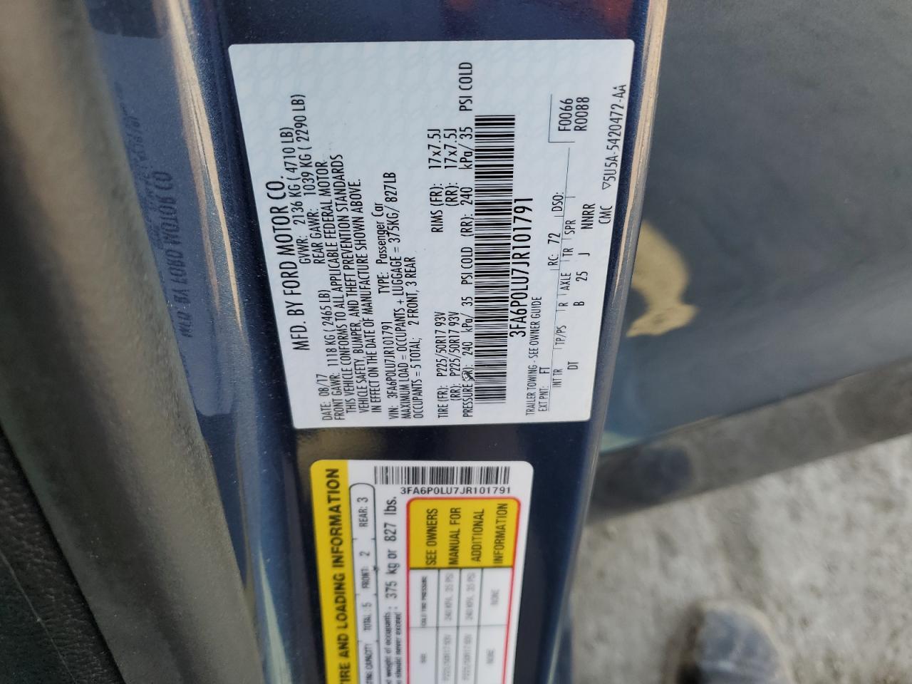 2018 Ford Fusion Se Hybrid VIN: 3FA6P0LU7JR101791 Lot: 52724895