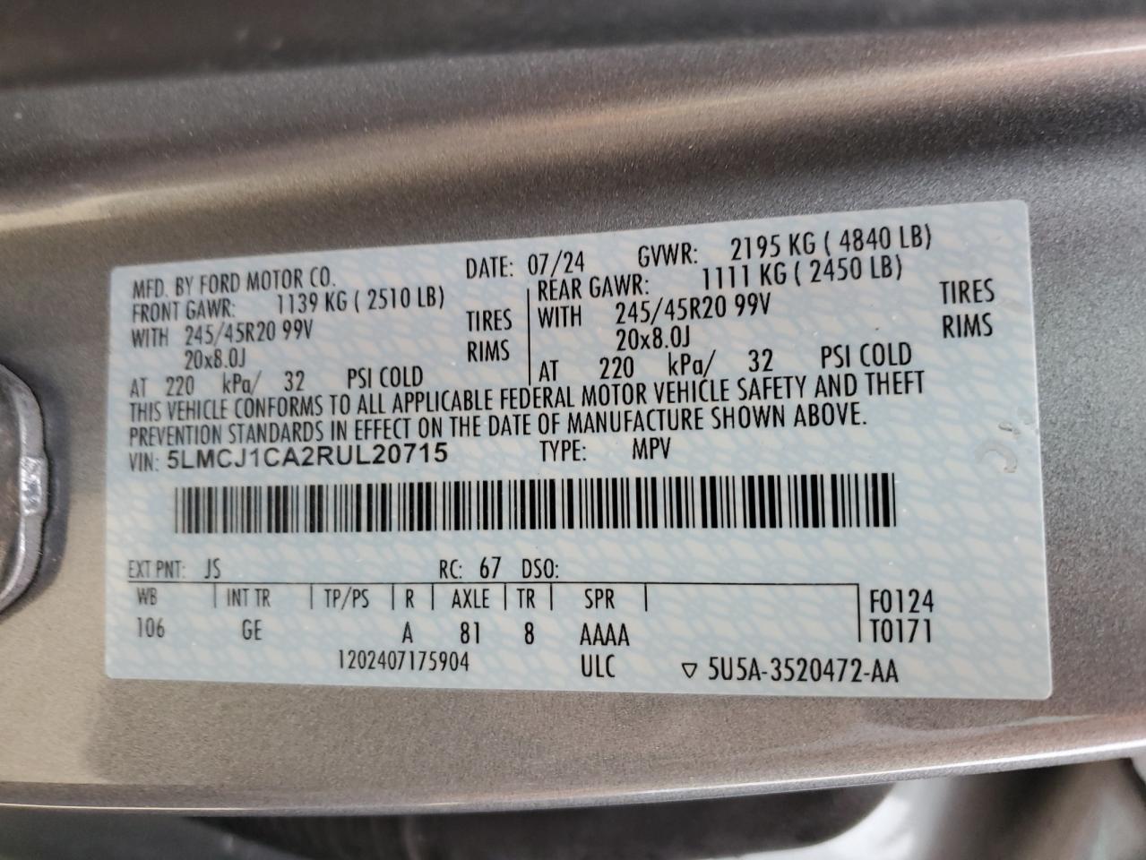 2024 Lincoln Corsair VIN: 5LMCJ1CA2RUL20715 Lot: 53280915