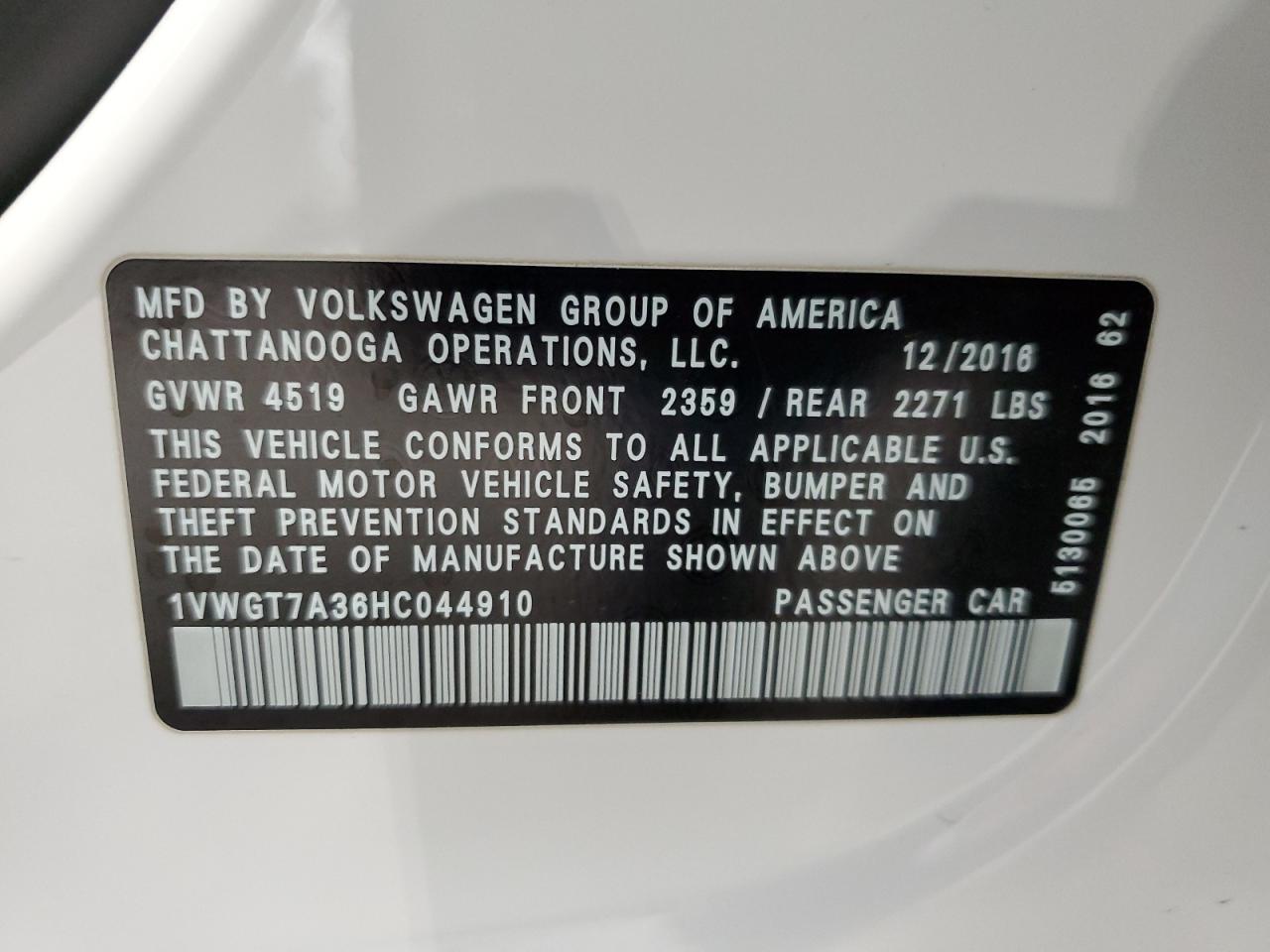 2017 Volkswagen Passat Se VIN: 1VWGT7A36HC044910 Lot: 53969805