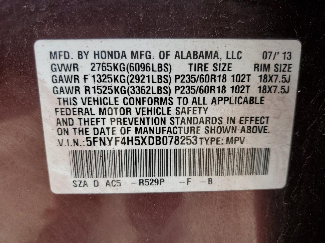 2013 Honda Pilot Exl VIN: 5FNYF4H5XDB078253 Lot: 54339335