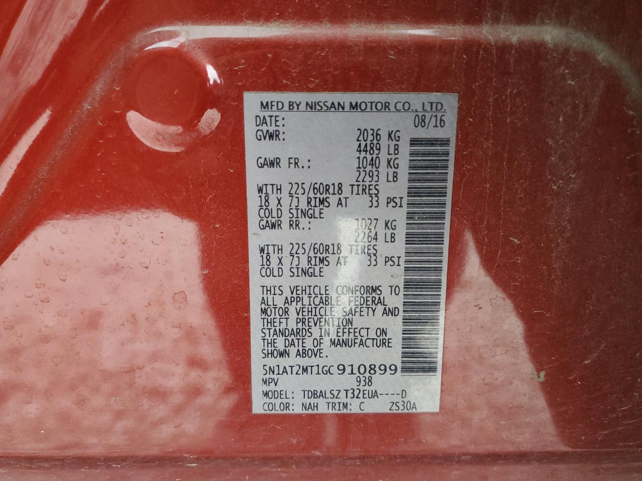 2016 Nissan Rogue S VIN: 5N1AT2MT1GC910899 Lot: 54890935