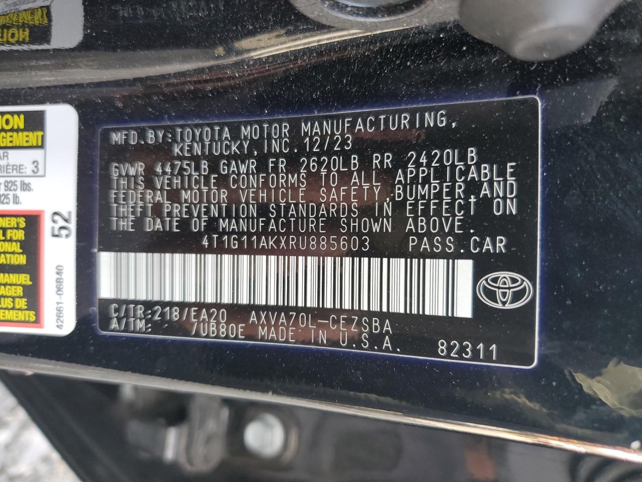 2024 Toyota Camry Se Night Shade VIN: 4T1G11AKXRU885603 Lot: 54517505