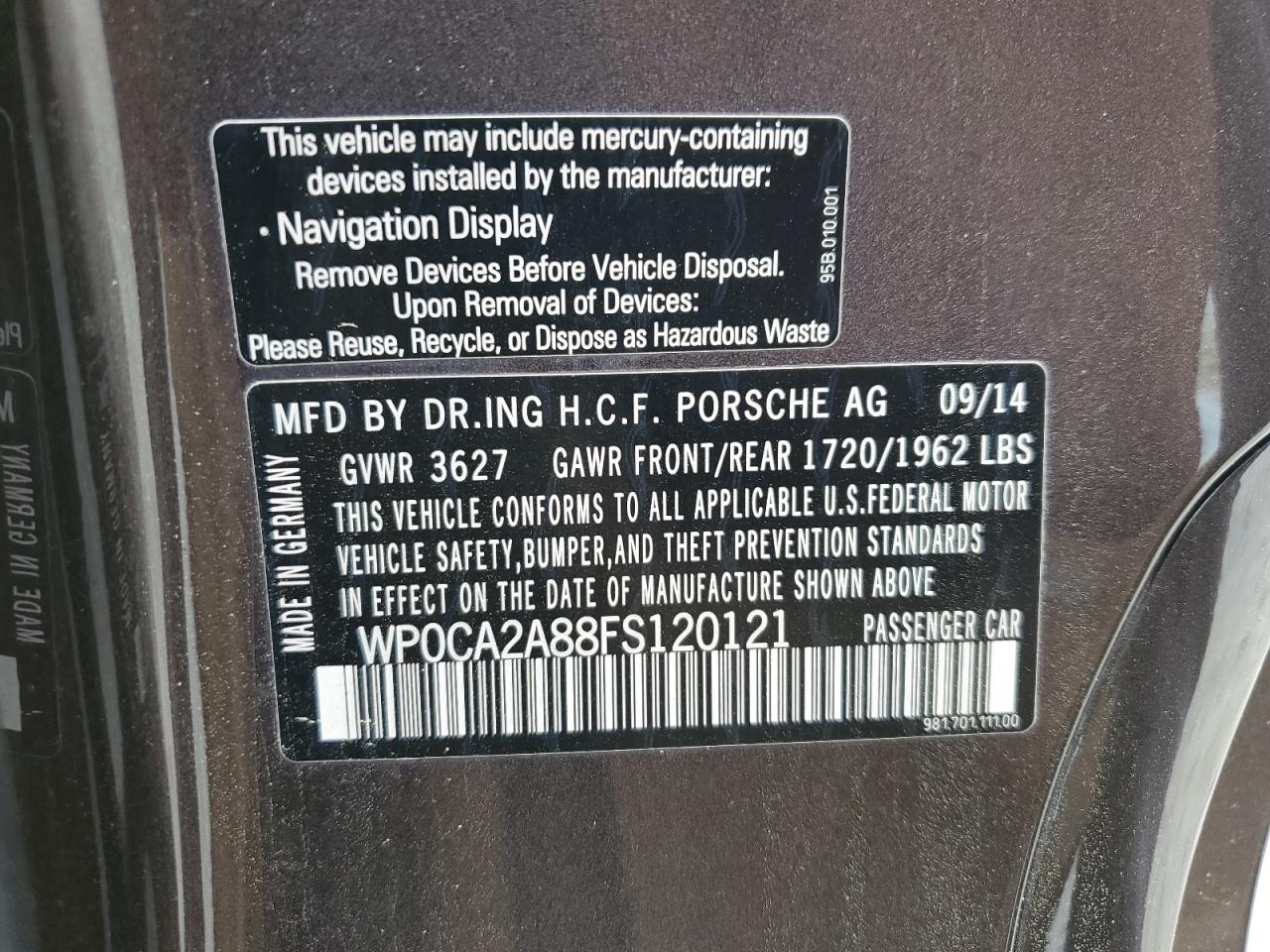 2015 Porsche Boxster VIN: WP0CA2A88FS120121 Lot: 50591195