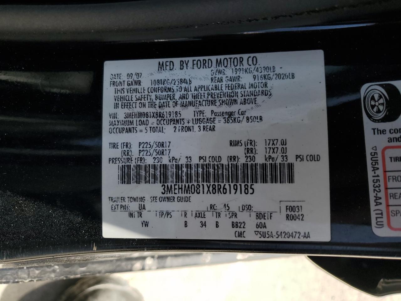 2008 Mercury Milan Premier VIN: 3MEHM081X8R619185 Lot: 53392205
