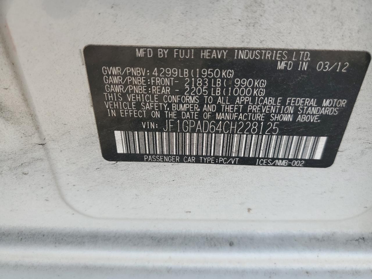 2012 Subaru Impreza Premium VIN: JF1GPAD64CH228125 Lot: 55280855