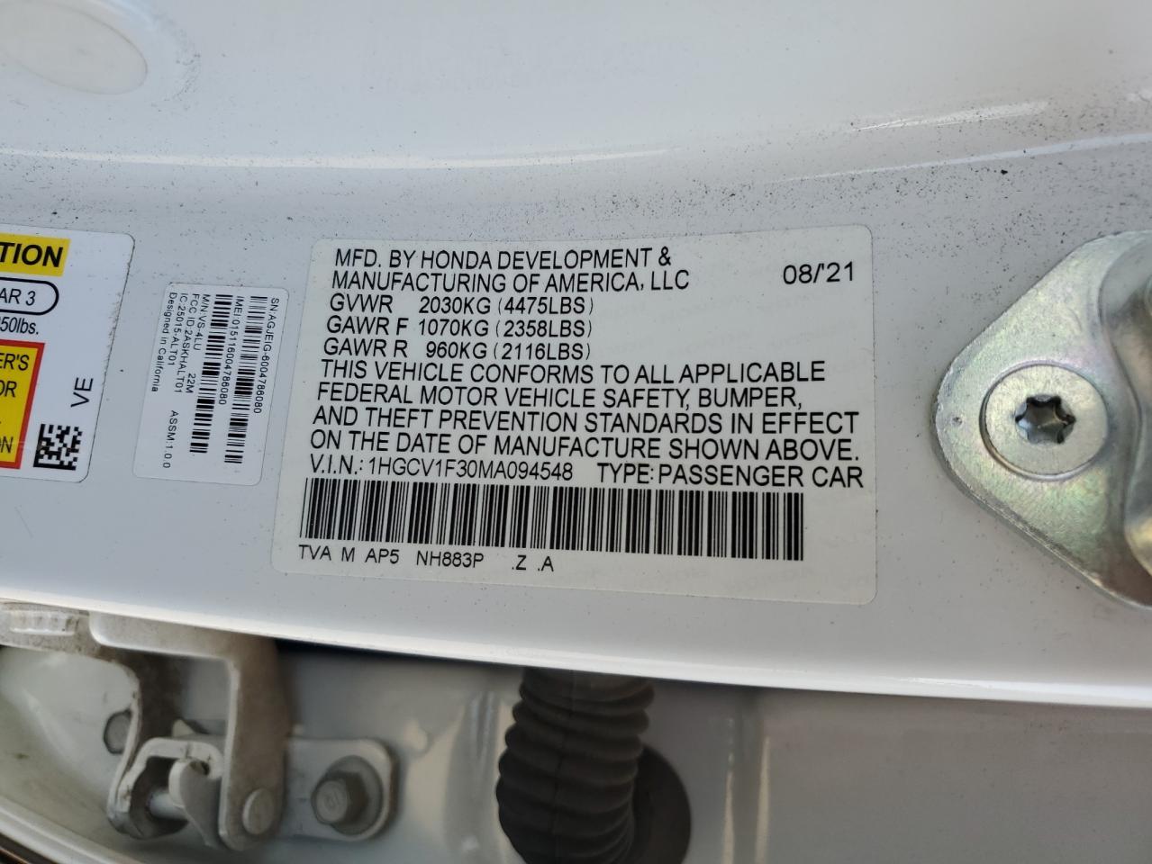 2021 Honda Accord Sport VIN: 1HGCV1F30MA094548 Lot: 53162305