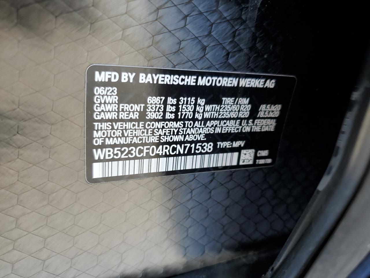 2024 BMW Ix xDrive50 VIN: WB523CF04RCN71538 Lot: 54769715