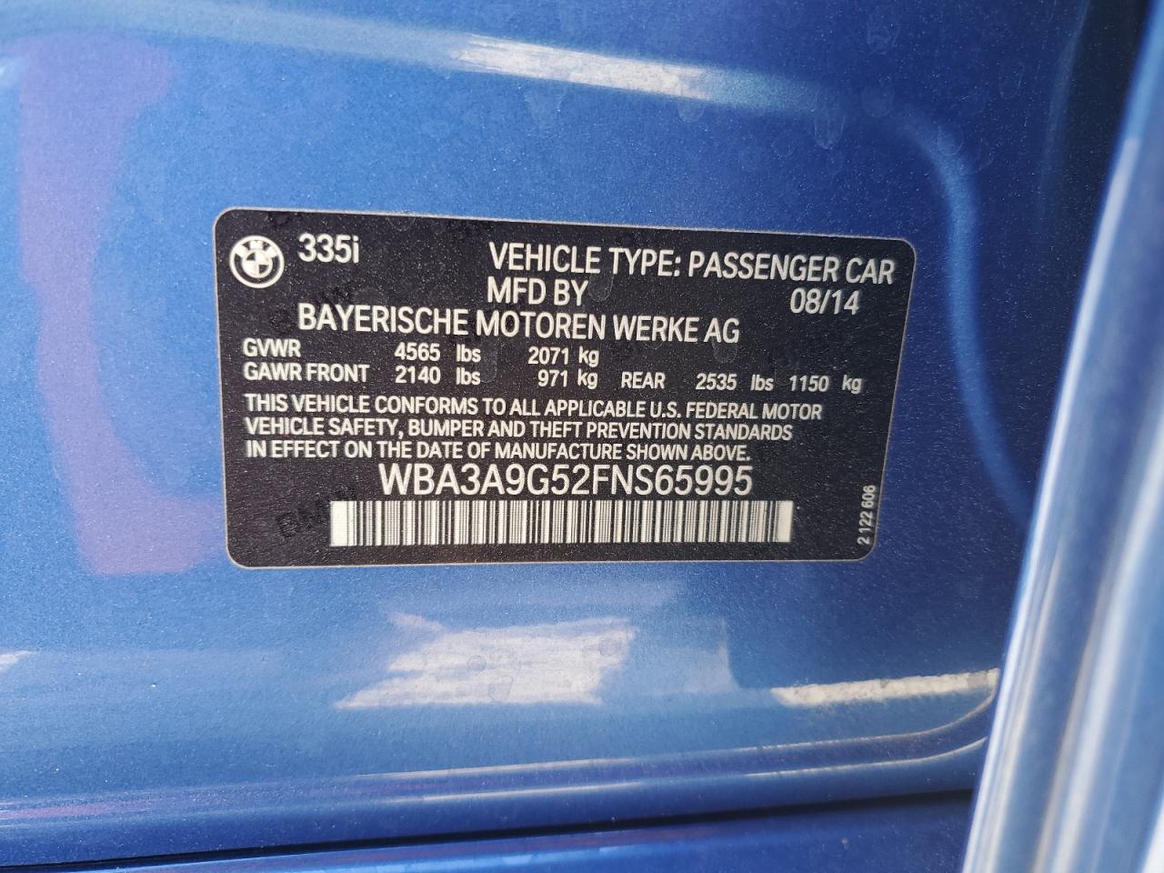 WBA3A9G52FNS65995 2015 BMW 335 I