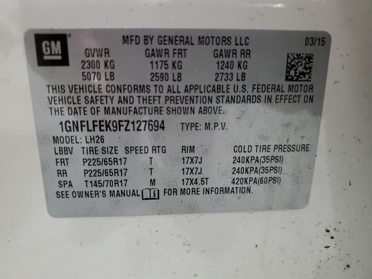 2015 Chevrolet Equinox Lt VIN: 1GNFLFEK9FZ127694 Lot: 53838505