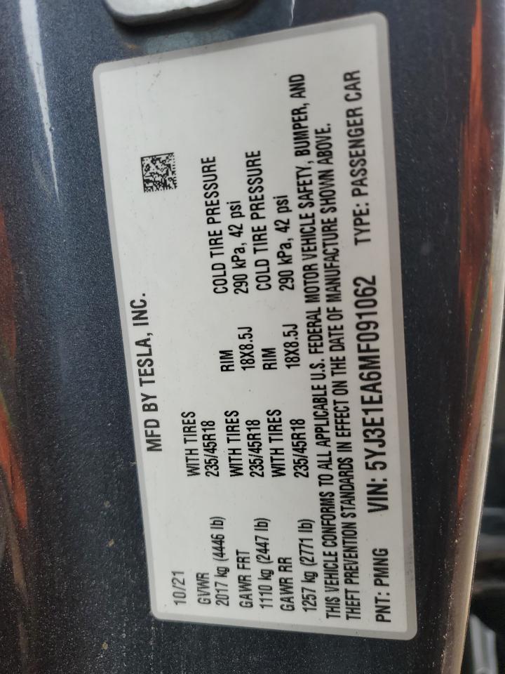 2021 Tesla Model 3 VIN: 5YJ3E1EA6MF091062 Lot: 49408005
