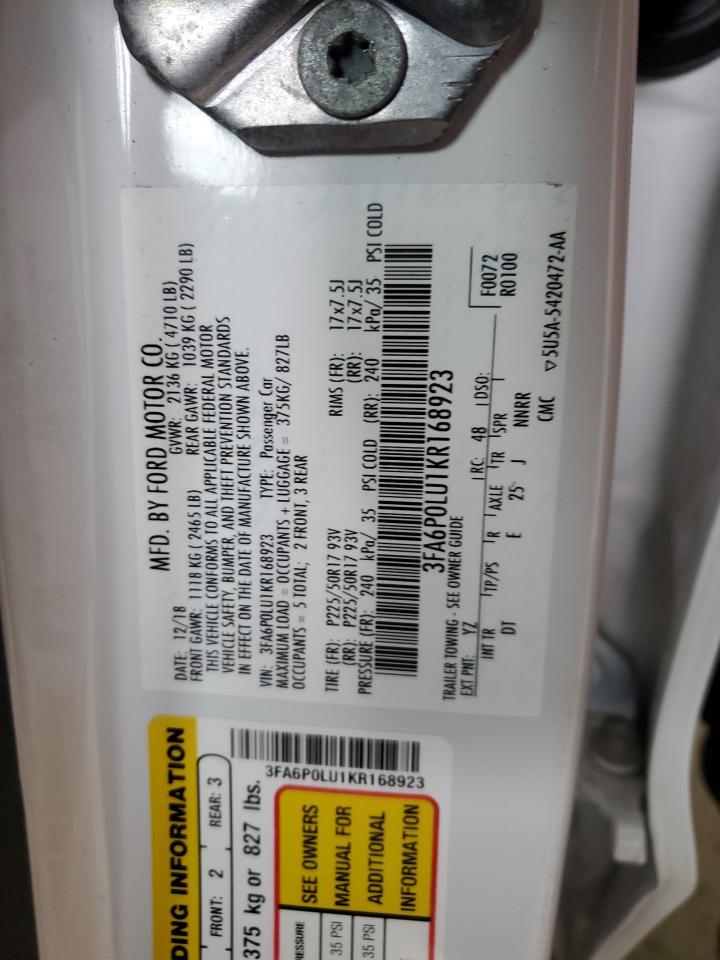 2019 Ford Fusion Se VIN: 3FA6P0LU1KR168923 Lot: 53431955