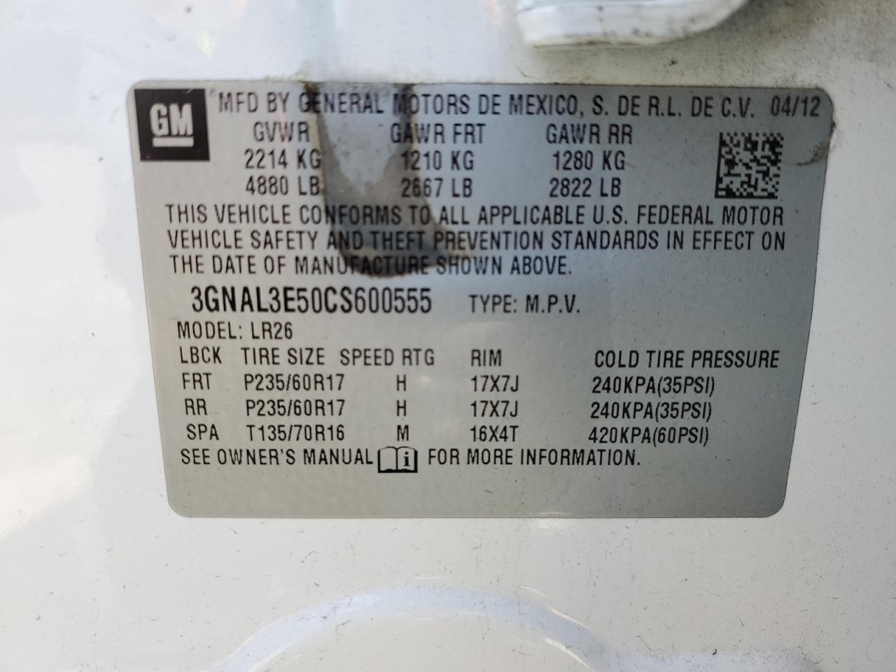 2012 Chevrolet Captiva Sport VIN: 3GNAL3E50CS600555 Lot: 51283165