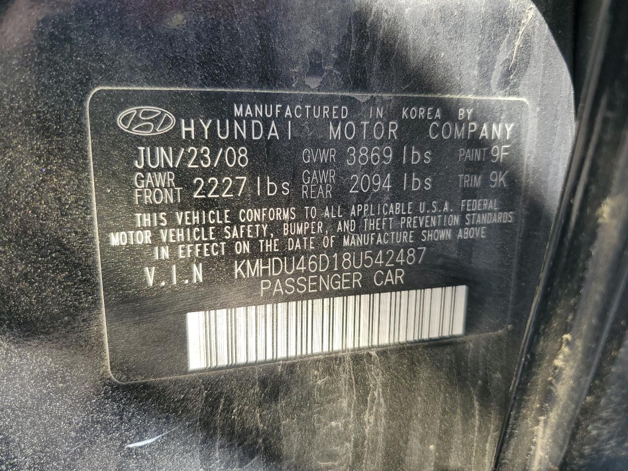 2008 Hyundai Elantra Gls VIN: KMHDU46D18U542487 Lot: 53612945