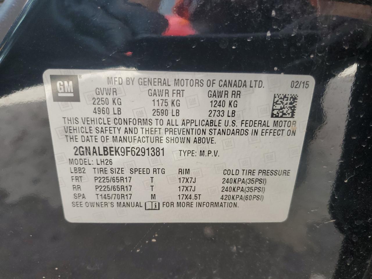 2015 Chevrolet Equinox Lt VIN: 2GNALBEK9F6291381 Lot: 54902975