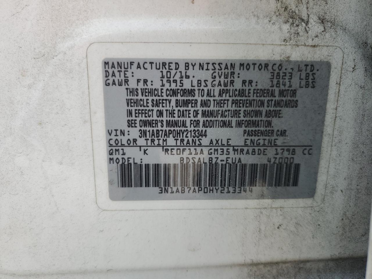 2017 Nissan Sentra S VIN: 3N1AB7AP0HY213344 Lot: 54888945