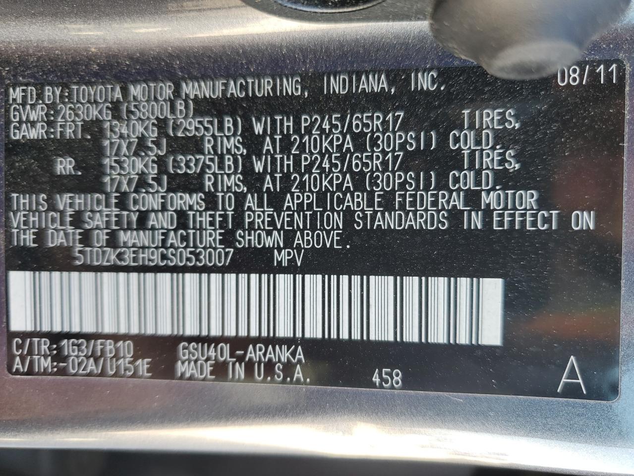 2012 Toyota Highlander Base VIN: 5TDZK3EH9CS053007 Lot: 54989095