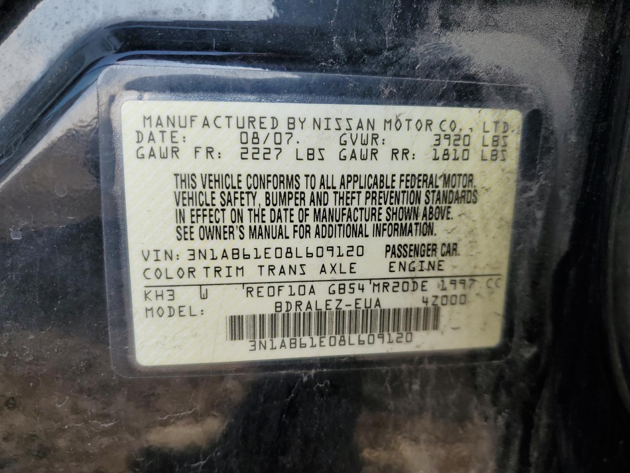 2008 Nissan Sentra 2.0 VIN: 3N1AB61E08L609120 Lot: 52726315