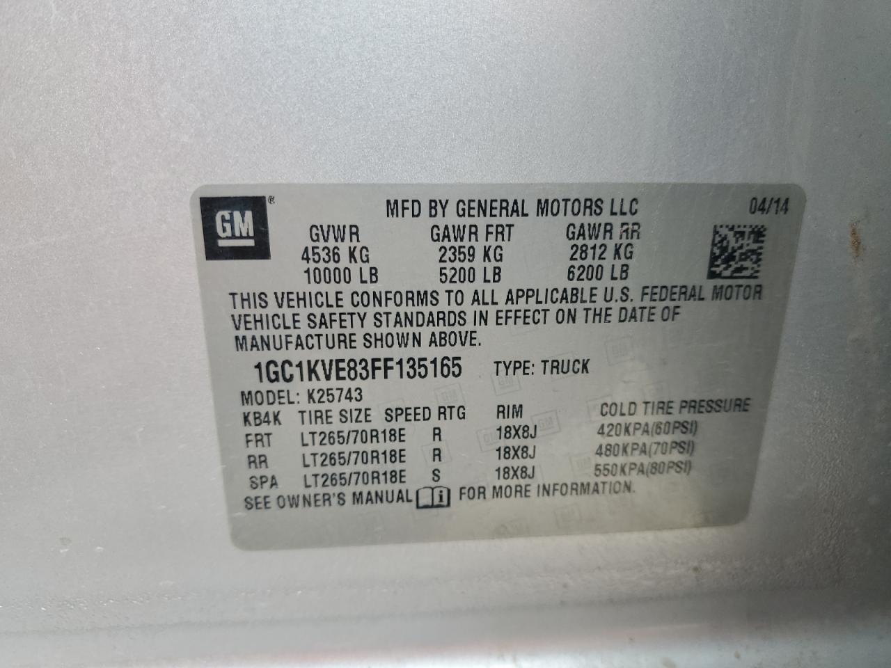 2015 Chevrolet Silverado K2500 Heavy Duty Lt VIN: 1GC1KVE83FF135165 Lot: 53682285