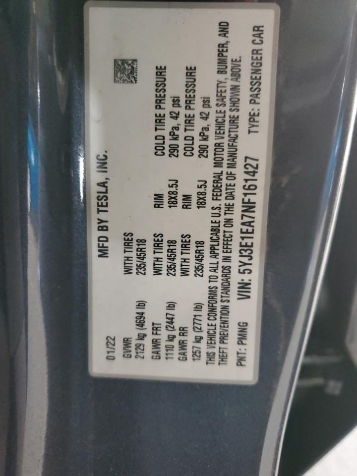 2022 Tesla Model 3 VIN: 5YJ3E1EA7NF161427 Lot: 52152055