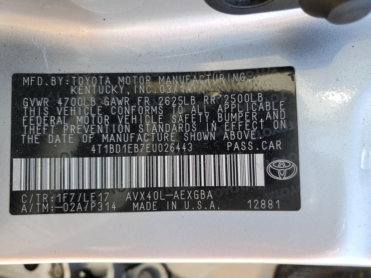2014 Toyota Avalon Hybrid VIN: 4T1BD1EB7EU026443 Lot: 52851415