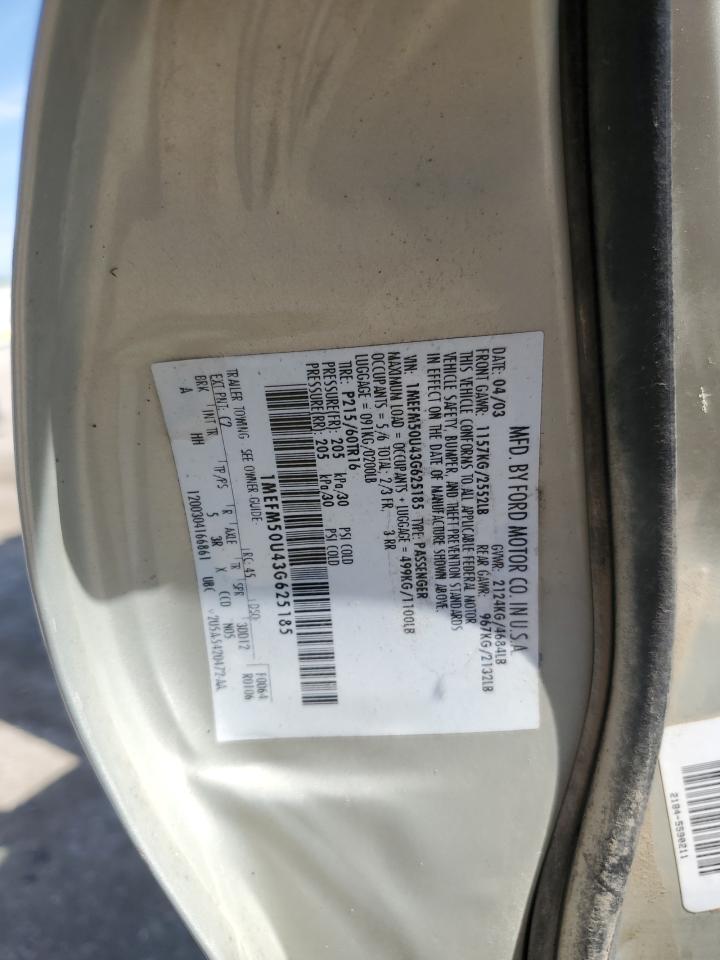 2003 Mercury Sable Gs VIN: 1MEFM50U43G625185 Lot: 54238235