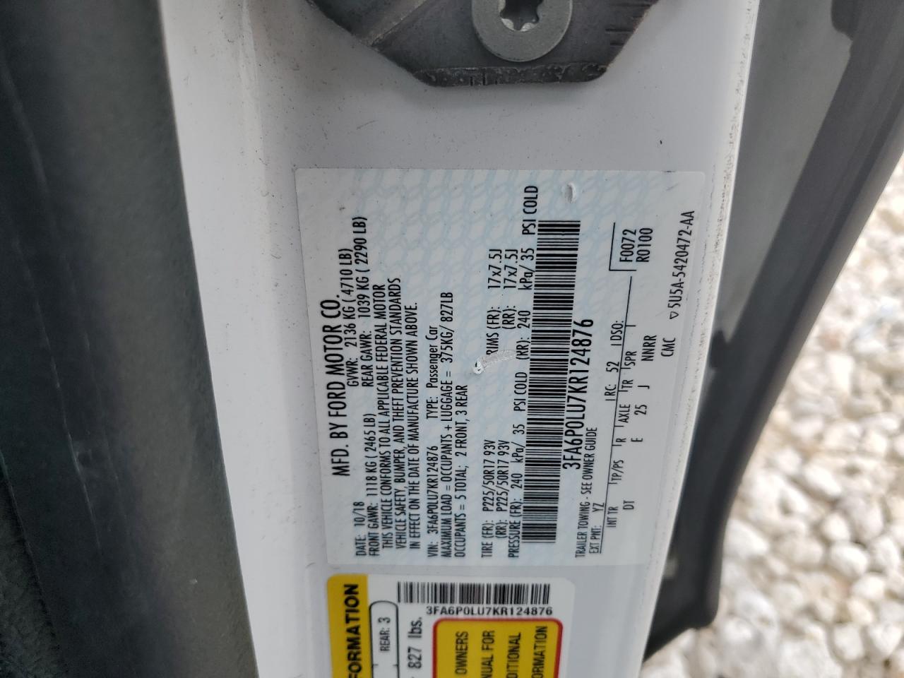 2019 Ford Fusion Se VIN: 3FA6P0LU7KR124876 Lot: 54043945