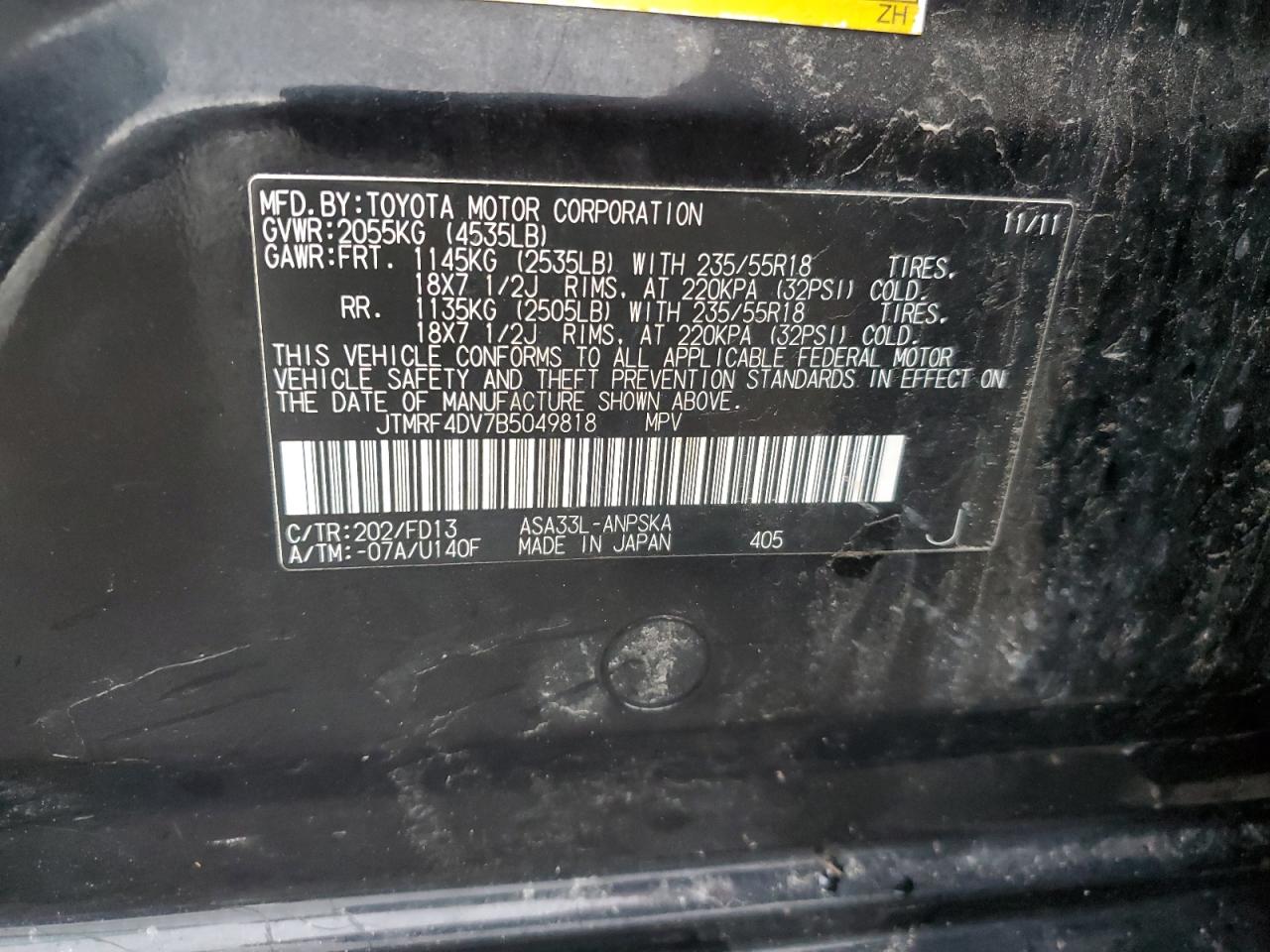 2011 Toyota Rav4 Sport VIN: JTMRF4DV7B5049818 Lot: 54911975