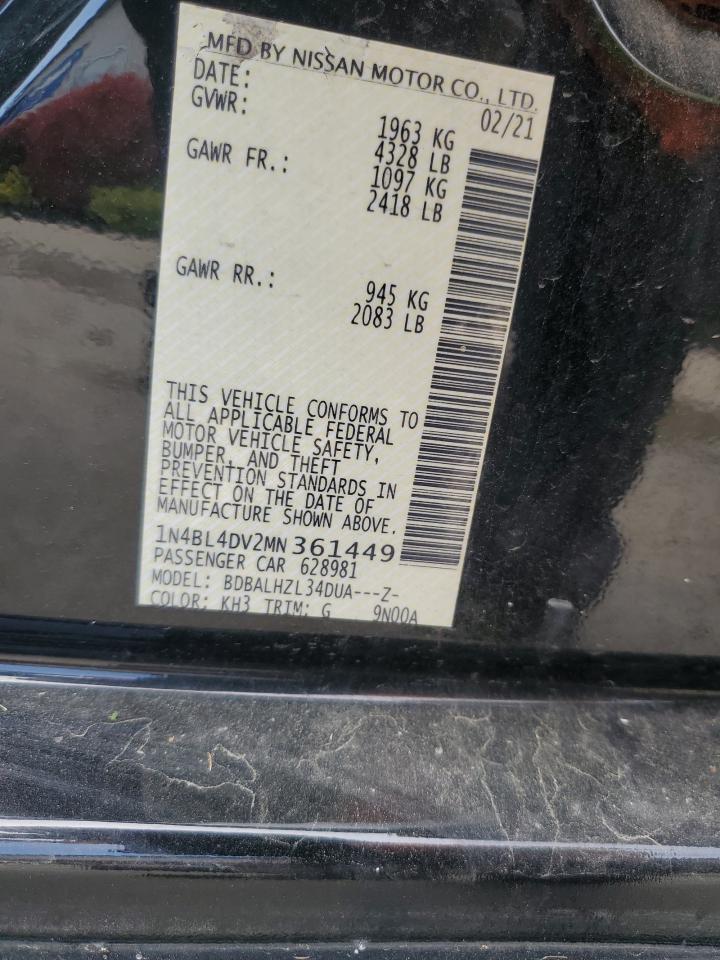 2021 Nissan Altima Sv VIN: 1N4BL4DV2MN361449 Lot: 54423105