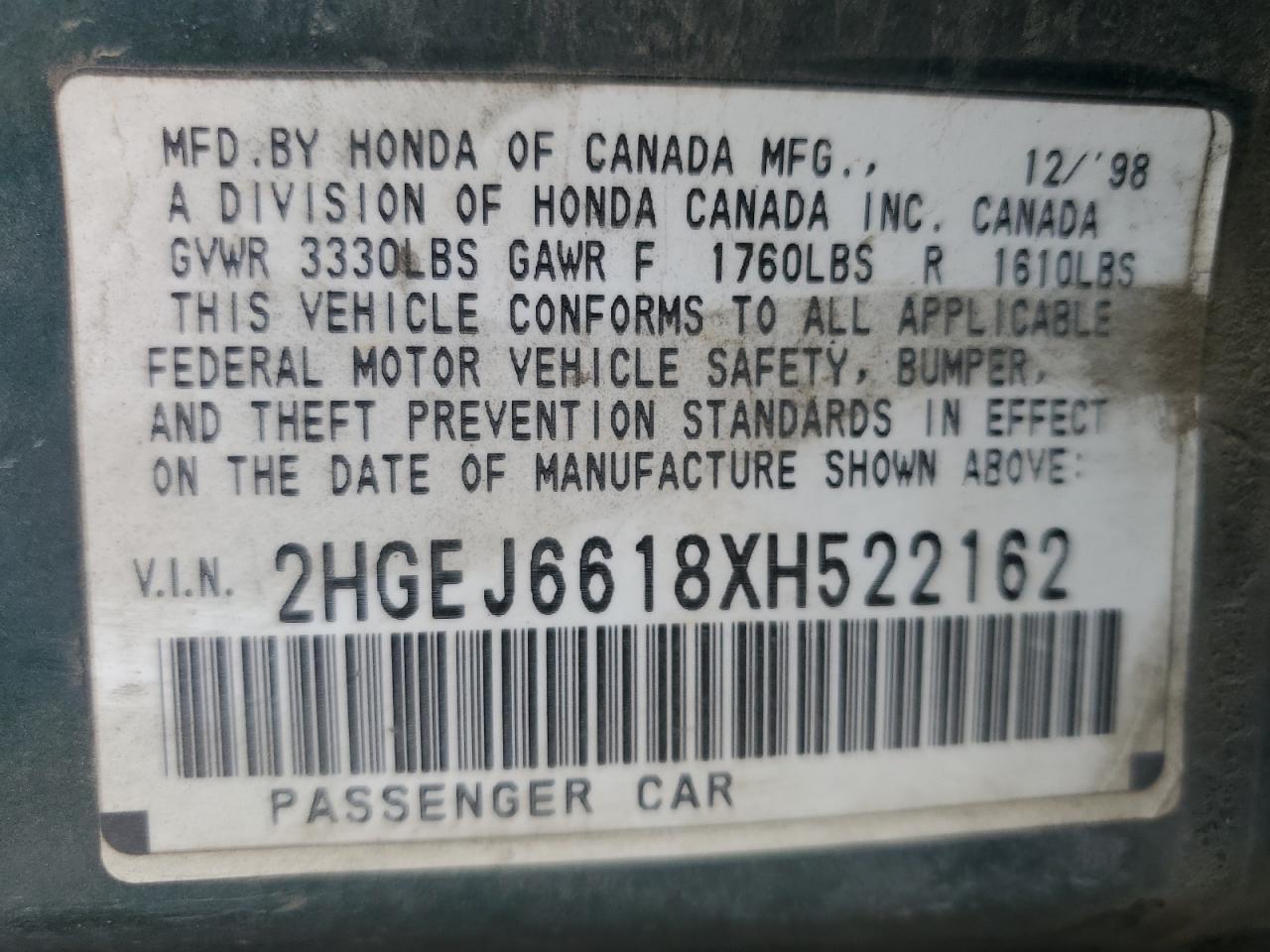 1999 Honda Civic Base VIN: 2HGEJ6618XH522162 Lot: 54427665