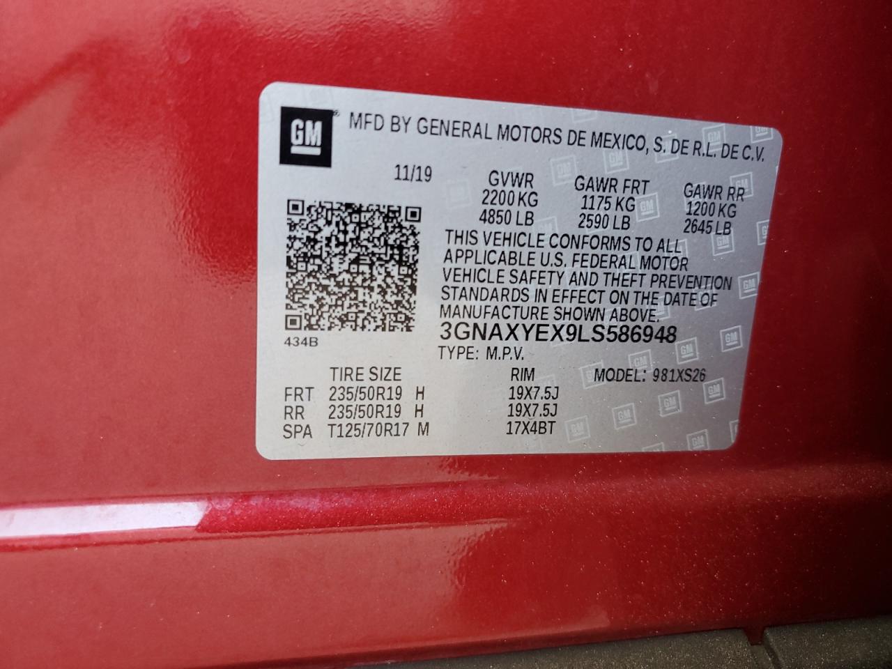 2020 Chevrolet Equinox Premier VIN: 3GNAXYEX9LS586948 Lot: 54681575