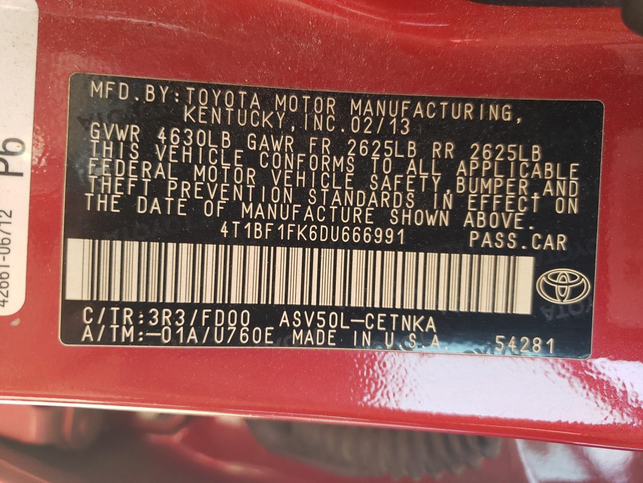 2013 Toyota Camry L VIN: 4T1BF1FK6DU666991 Lot: 54875665