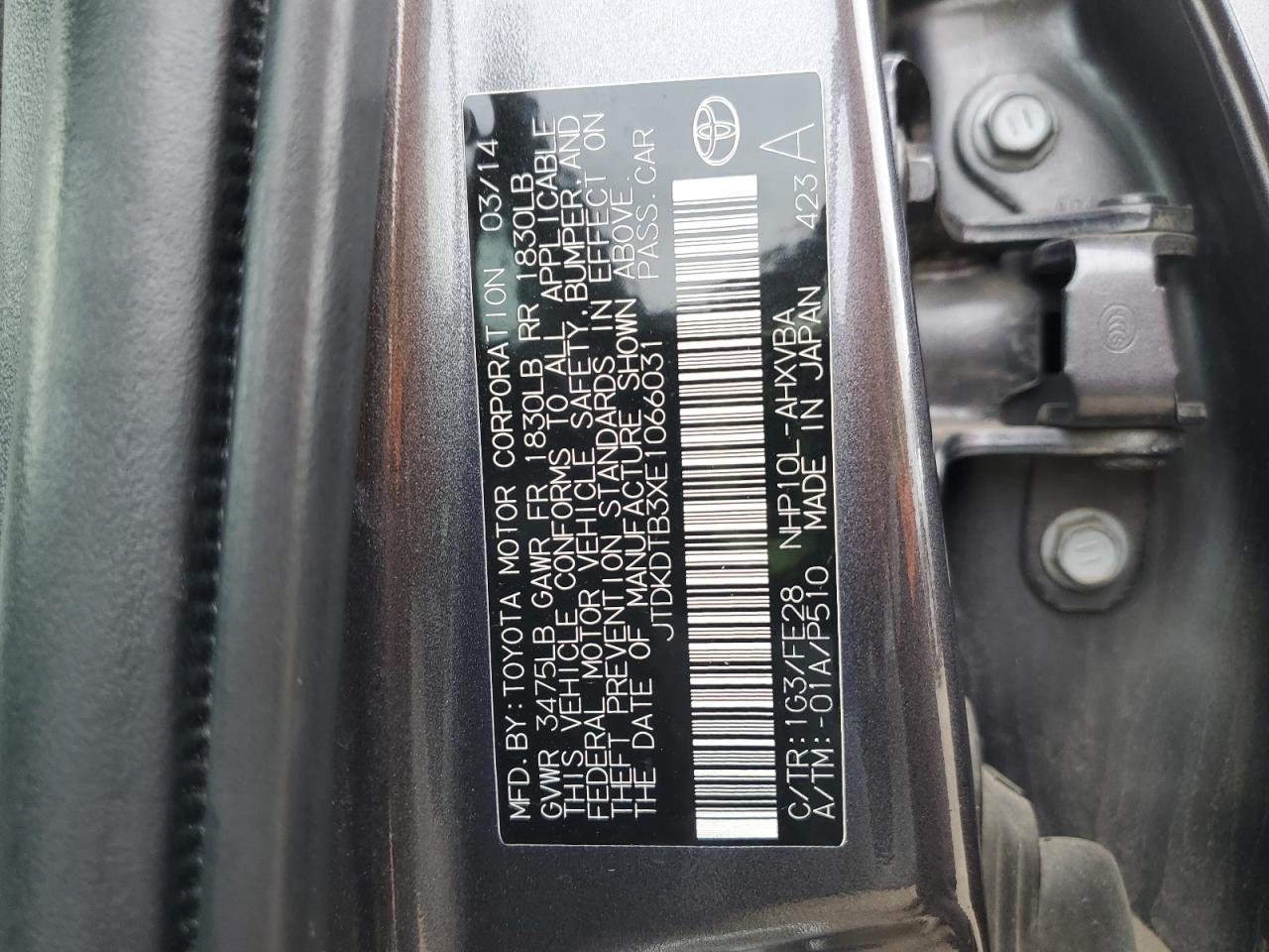 2014 Toyota Prius C VIN: JTDKDTB3XE1066031 Lot: 55446785