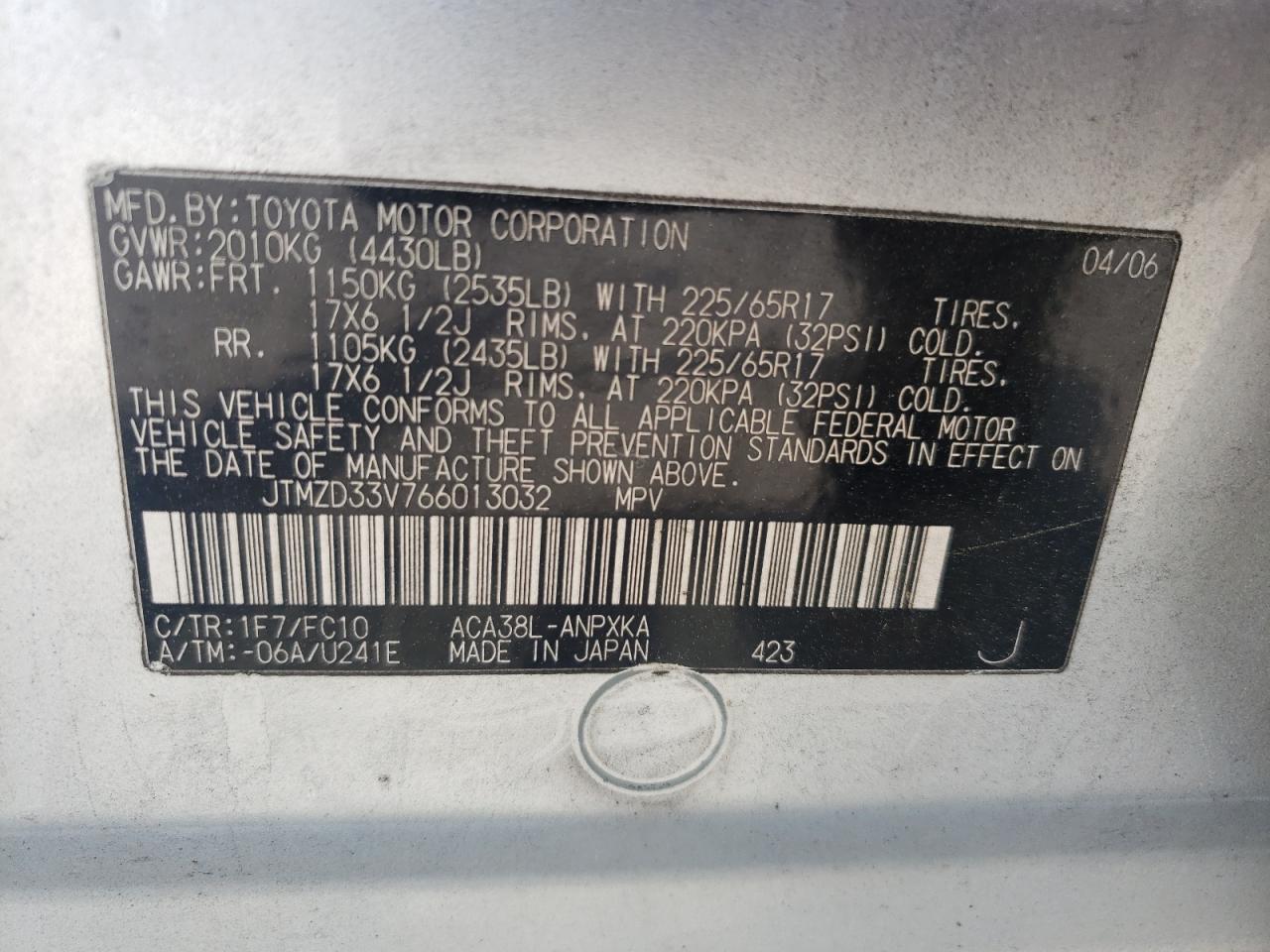 2006 Toyota Rav4 VIN: JTMZD33V766013032 Lot: 55178695