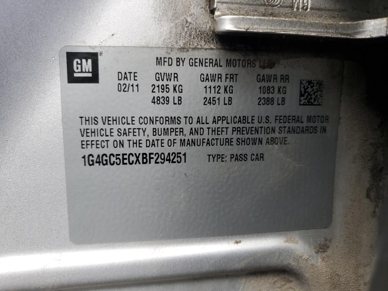 2011 Buick Lacrosse Cxl VIN: 1G4GC5ECXBF294251 Lot: 52960615