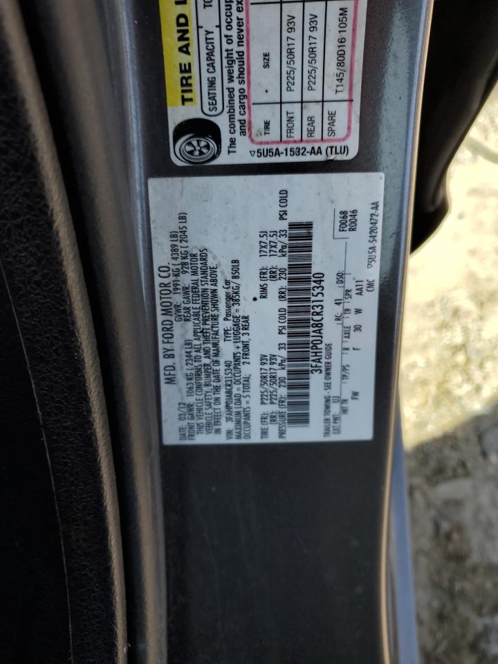 2012 Ford Fusion Sel VIN: 3FAHP0JA8CR315340 Lot: 52033405