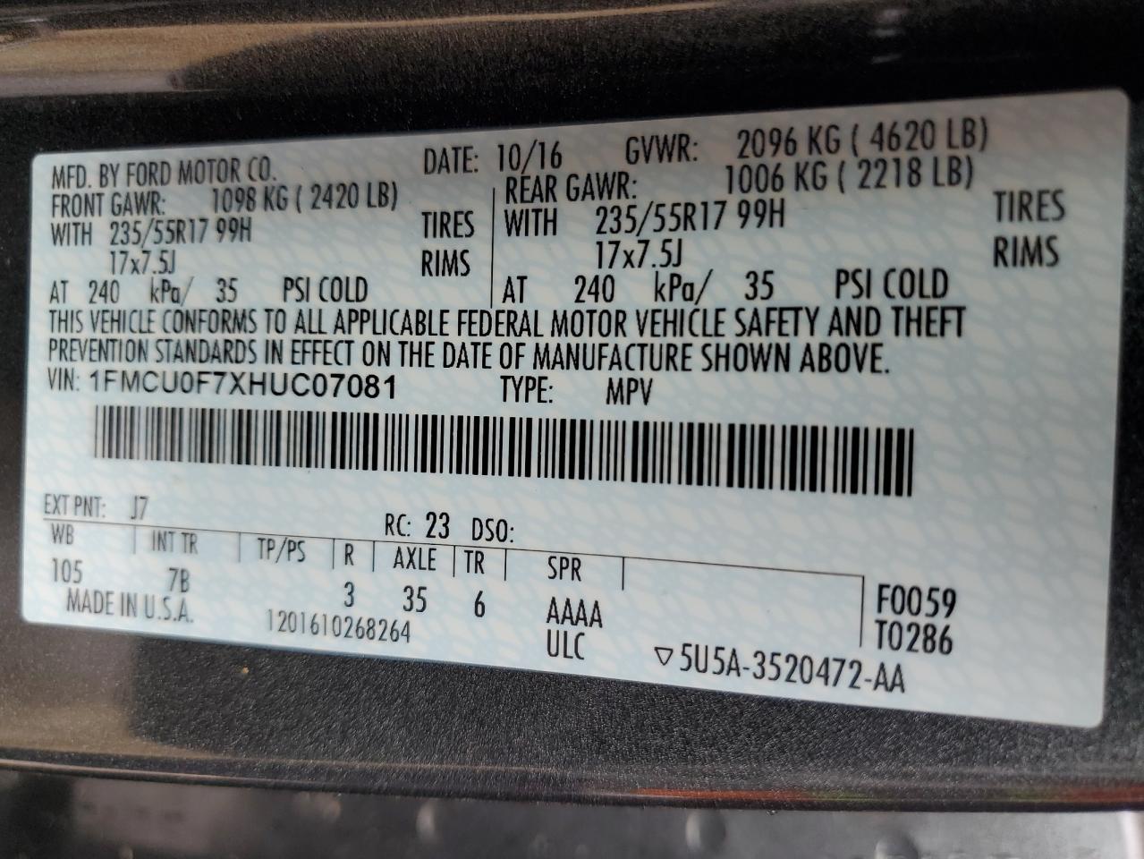 2017 Ford Escape S VIN: 1FMCU0F7XHUC07081 Lot: 55094775