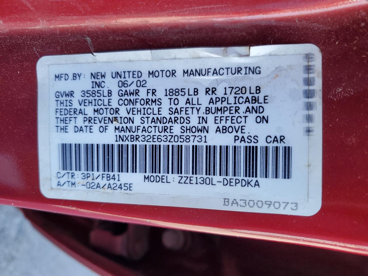 2003 Toyota Corolla Ce VIN: 1NXBR32E63Z058731 Lot: 55094505
