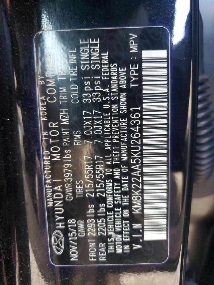 2019 Hyundai Kona Sel VIN: KM8K22AA5KU264361 Lot: 52544885