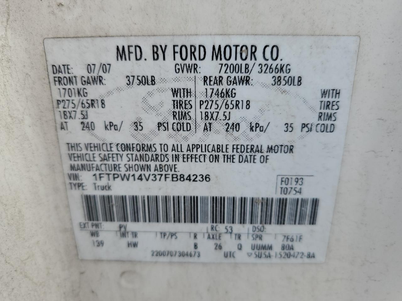2007 Ford F150 Supercrew VIN: 1FTPW14V37FB84236 Lot: 54971705