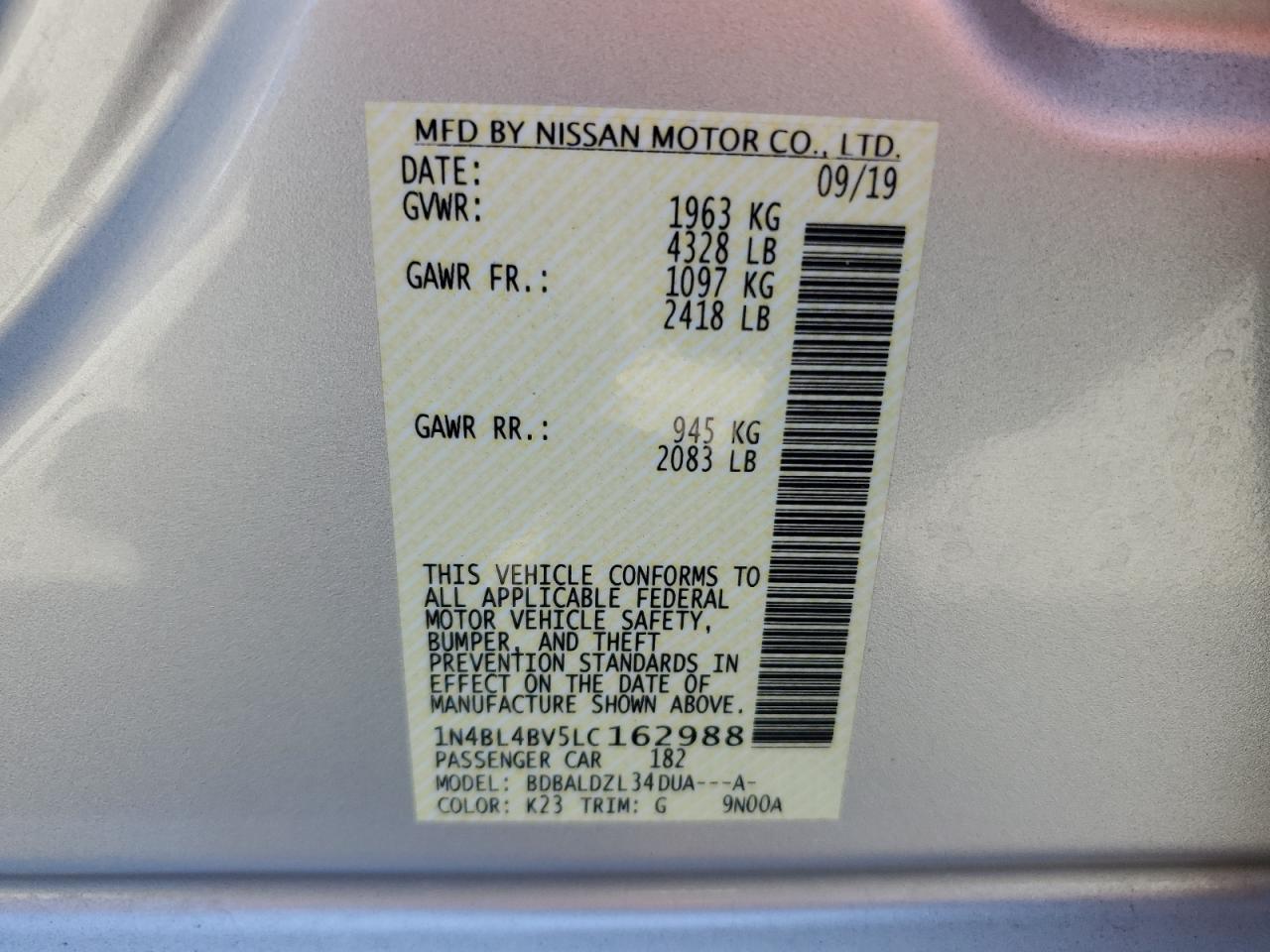 2020 Nissan Altima S VIN: 1N4BL4BV5LC162988 Lot: 55168935