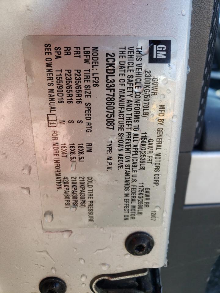2008 Pontiac Torrent VIN: 2CKDL33F786075087 Lot: 52157065