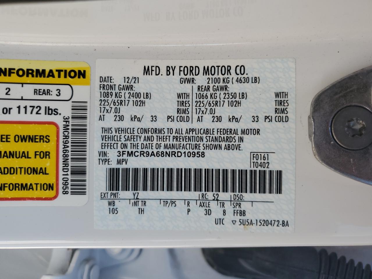 2022 Ford Bronco Sport VIN: 3FMCR9A68NRD10958 Lot: 52259005